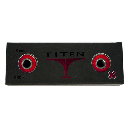 The Titen Red X Swiss Skate Bearings are a high speed line of bearings made by Swiss manufacturing.  These bearings are just as fast as ABEC 9 bearings but will still hold their speed over longer periods of time.  The Titen Red X Swiss Bearings come with oil lubrication for high speeds and need to be cleaned and oiled when skating in dusty conditions.  Contains 8 Bearings,  Model Year: 2016, Product ID: 267741, Model Number: 20-BTS8, GTIN: 0836564017846