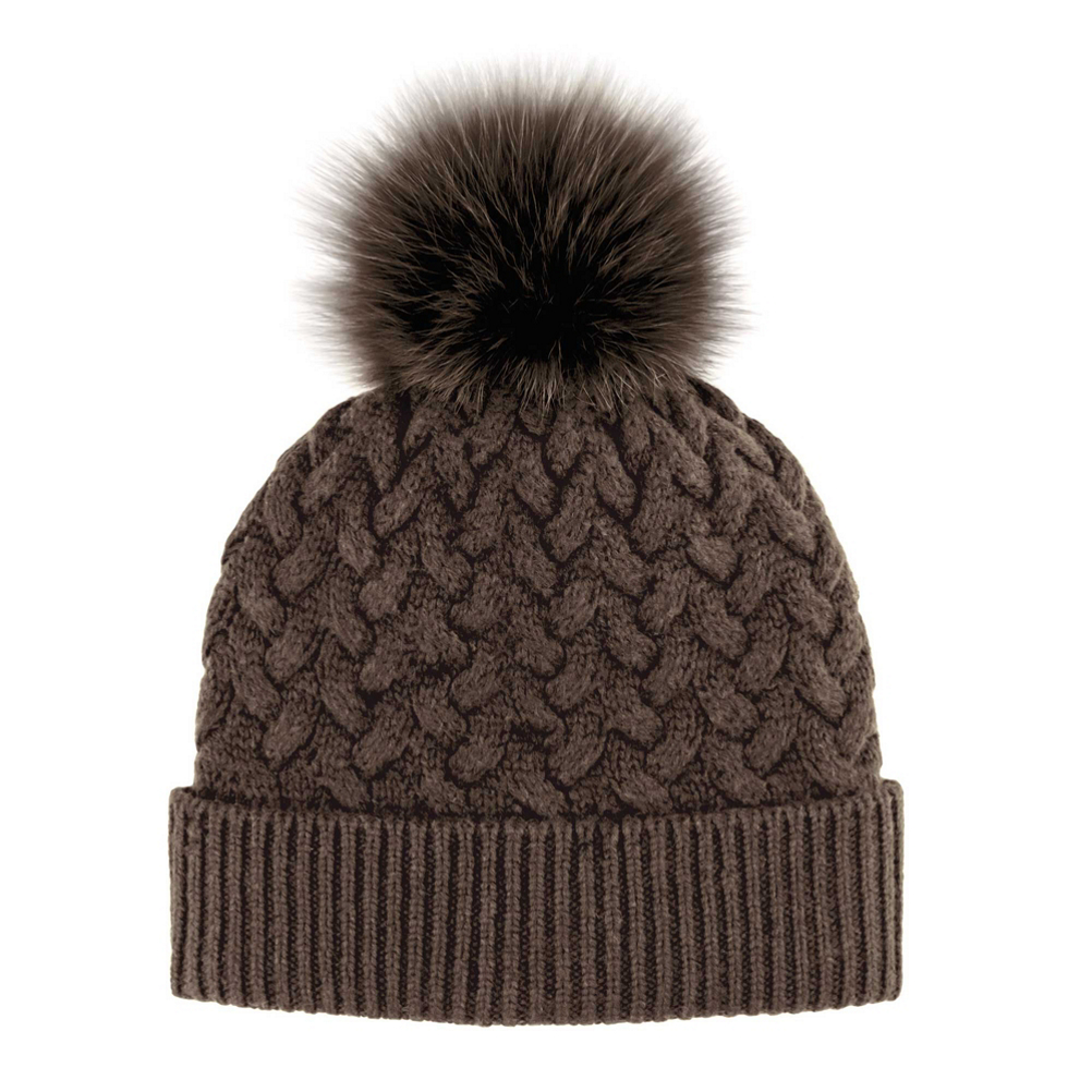 Mitchies Matchings Braided Knit with Fox Fur Pom Womens Hat