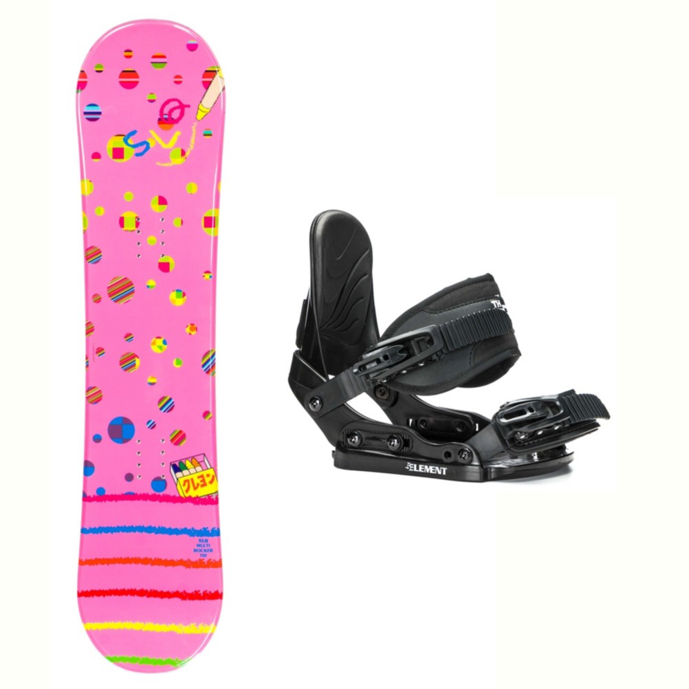 SLQ Multi Pink Rocker Stealth Girls Snowboard and Binding Package 2018