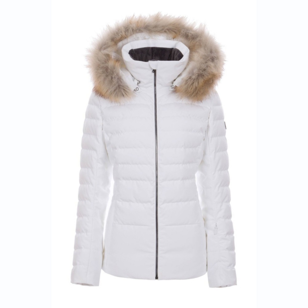 white ski jacket with fur hood