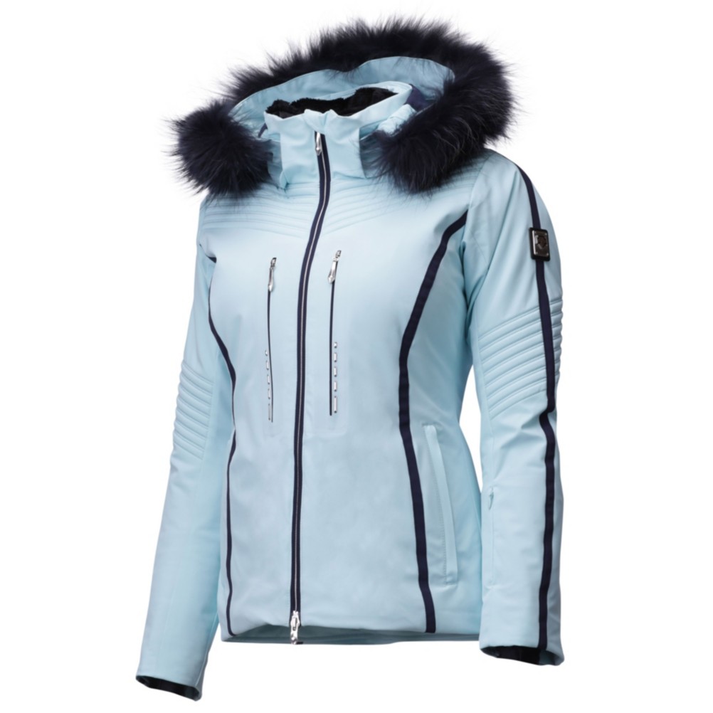 silver ski jacket with fur hood